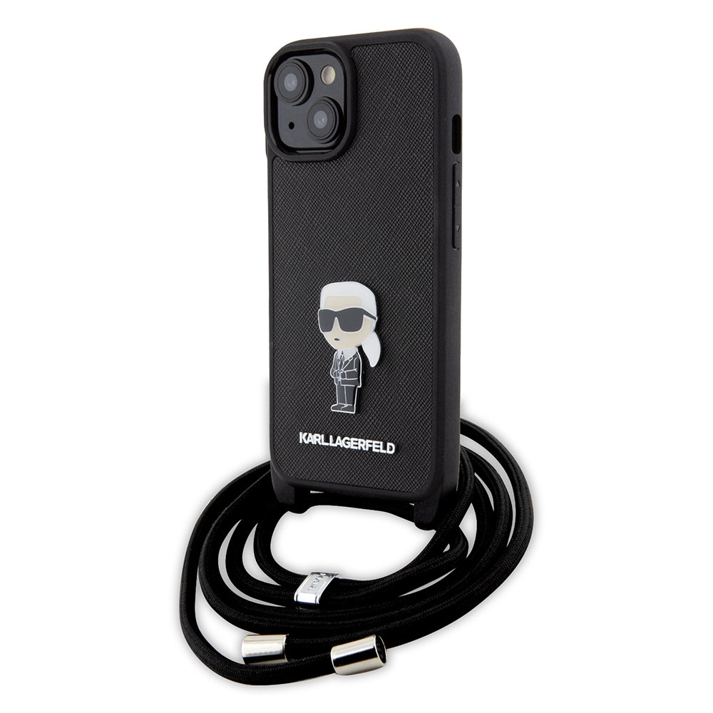 Étui pour Apple iPhone 15, Karl Lagerfeld, Saffiano Crossbody Monogram Metal Pin Karl, Noir