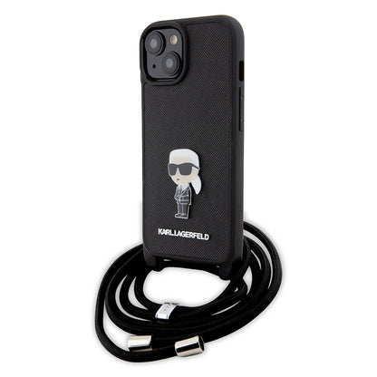 Étui pour Apple iPhone 15, Karl Lagerfeld, Saffiano Crossbody Monogram Metal Pin Karl, Noir