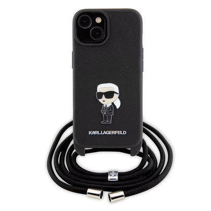 Étui pour Apple iPhone 15, Karl Lagerfeld, Saffiano Crossbody Monogram Metal Pin Karl, Noir