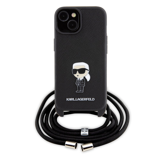 Étui pour Apple iPhone 15, Karl Lagerfeld, Saffiano Crossbody Monogram Metal Pin Karl, Noir