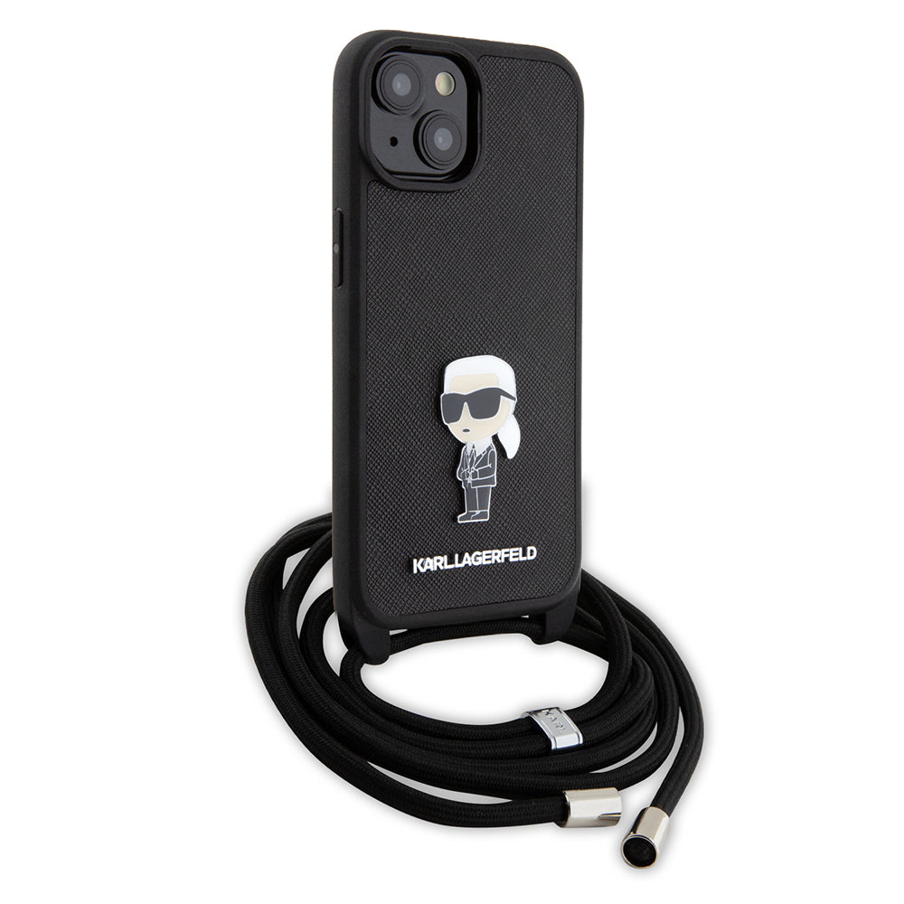 Étui pour Apple iPhone 15, Karl Lagerfeld, Saffiano Crossbody Monogram Metal Pin Karl, Noir