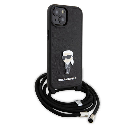 Étui pour Apple iPhone 15, Karl Lagerfeld, Saffiano Crossbody Monogram Metal Pin Karl, Noir