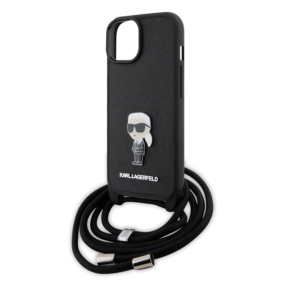 Étui pour Apple iPhone 15, Karl Lagerfeld, Saffiano Crossbody Monogram Metal Pin Karl, Noir