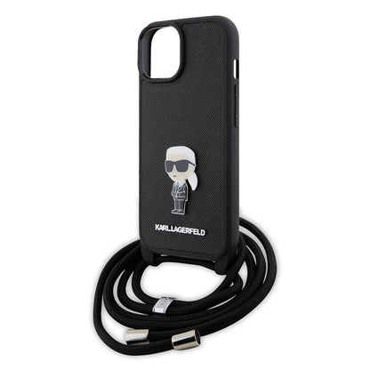 Étui pour Apple iPhone 15, Karl Lagerfeld, Saffiano Crossbody Monogram Metal Pin Karl, Noir
