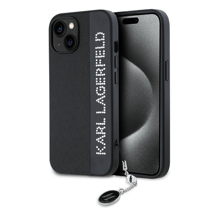 Étui pour Apple iPhone 15, Karl Lagerfeld, Saffiano Rhinestones & Charm, Noir