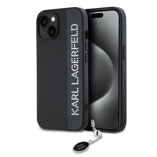Étui pour Apple iPhone 15, Karl Lagerfeld, Saffiano Rhinestones & Charm, Noir