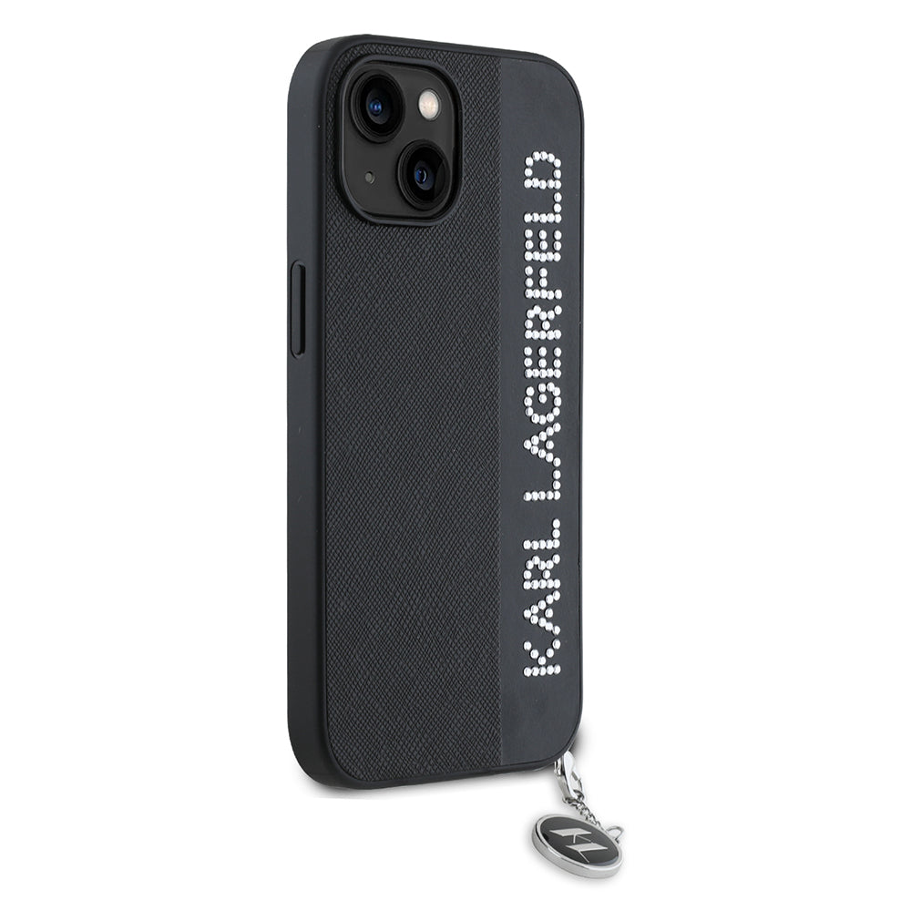 Étui pour Apple iPhone 15, Karl Lagerfeld, Saffiano Rhinestones & Charm, Noir