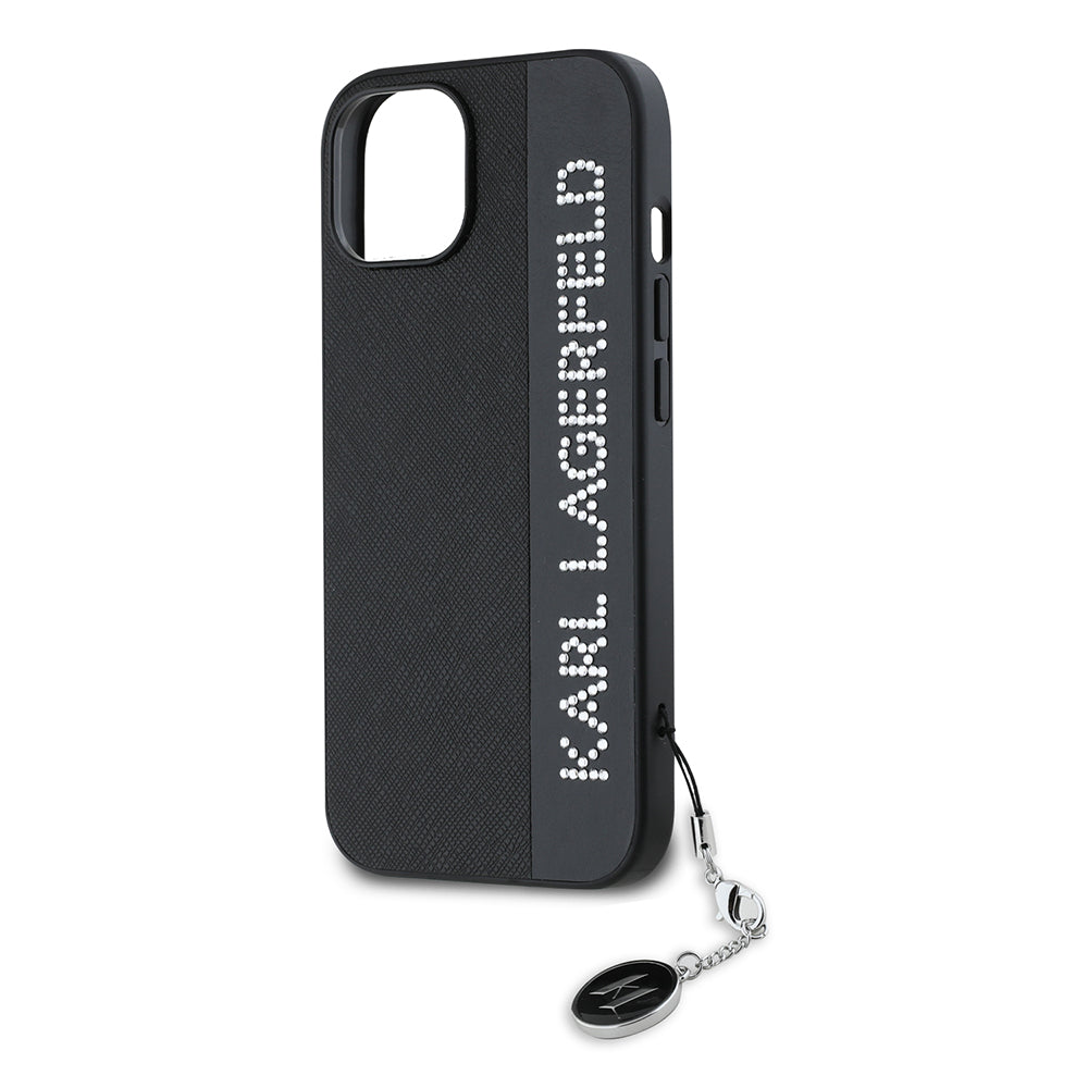Étui pour Apple iPhone 15, Karl Lagerfeld, Saffiano Rhinestones & Charm, Noir