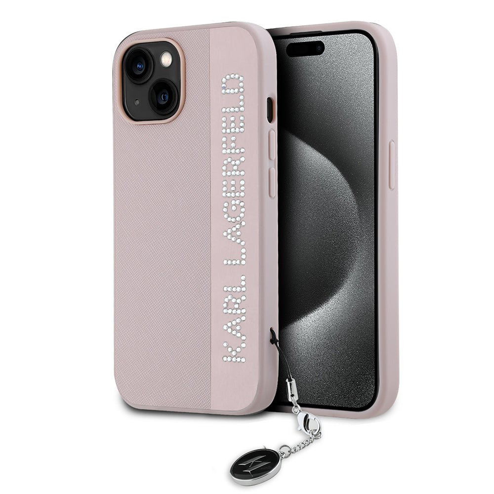Étui pour Apple iPhone 15, Karl Lagerfeld, Saffiano Rhinestones & Charm, Rose
