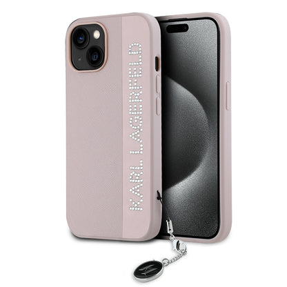 Étui pour Apple iPhone 15, Karl Lagerfeld, Saffiano Rhinestones & Charm, Rose