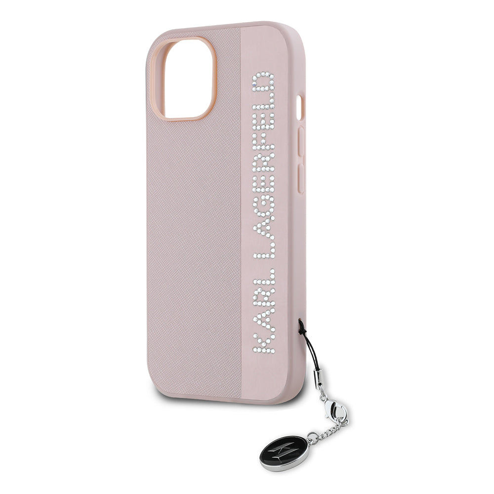 Étui pour Apple iPhone 15, Karl Lagerfeld, Saffiano Rhinestones & Charm, Rose