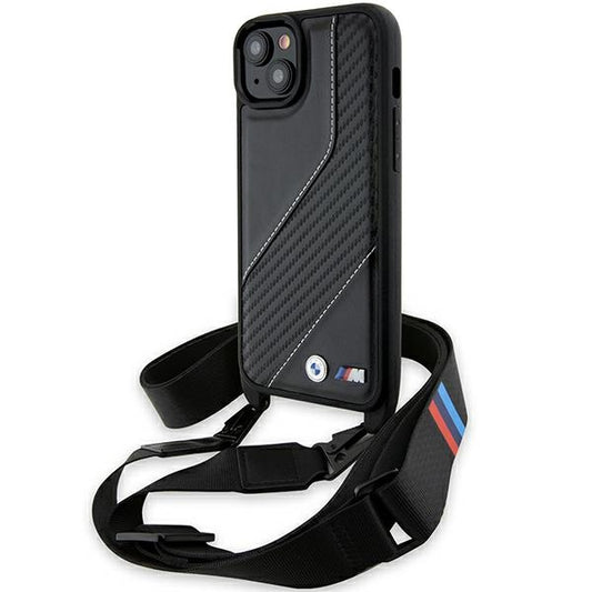 Coque pour Apple iPhone 15 Plus, BMW, Édition M Carbon Stripe & Strap, Noire
