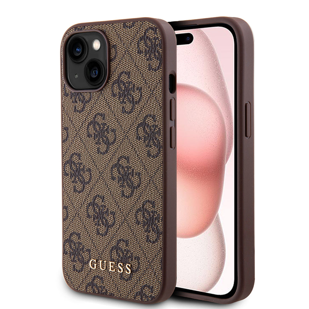 Étui pour Apple iPhone 15 Plus, Guess, Logo Métal Or 4G, Marron