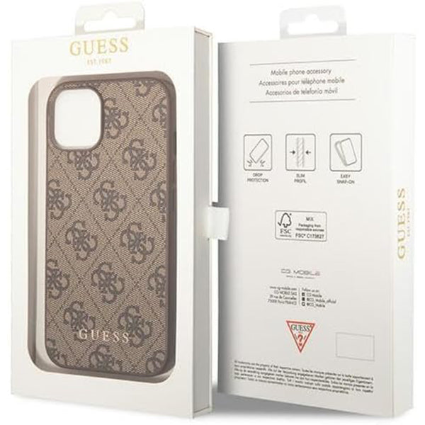 Étui pour Apple iPhone 15 Plus, Guess, Logo Métal Or 4G, Marron