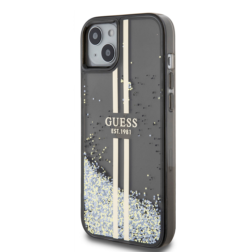 Étui pour Apple iPhone 15 Plus, Guess, Liquid Glitter Gold Stripes, Noir