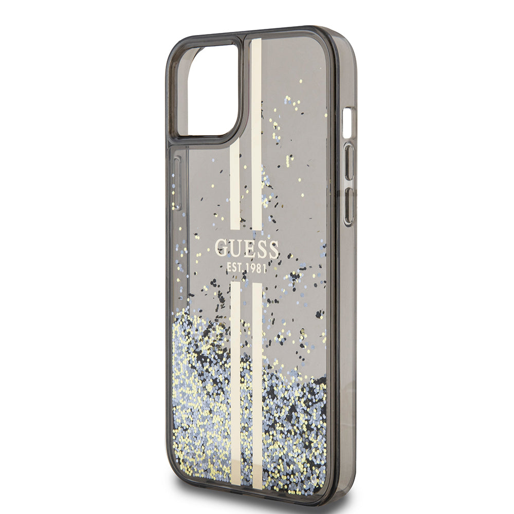 Étui pour Apple iPhone 15 Plus, Guess, Liquid Glitter Gold Stripes, Noir