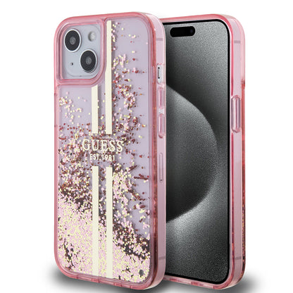 Étui pour Apple iPhone 15 Plus, Guess, Liquid Glitter Gold Stripes, Rose