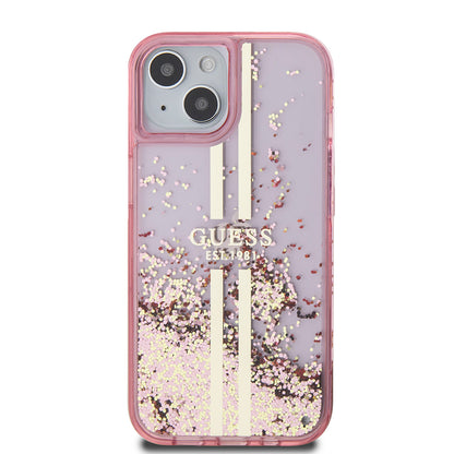 Étui pour Apple iPhone 15 Plus, Guess, Liquid Glitter Gold Stripes, Rose