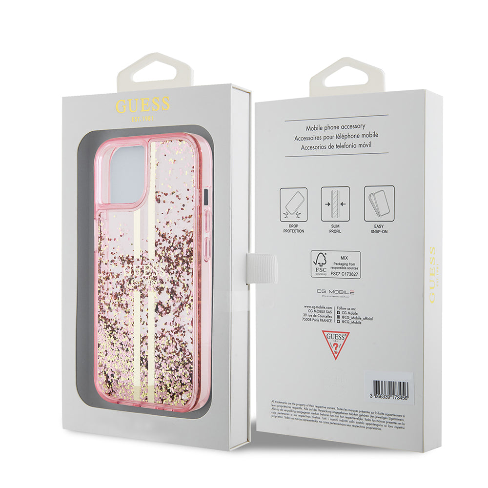 Étui pour Apple iPhone 15 Plus, Guess, Liquid Glitter Gold Stripes, Rose