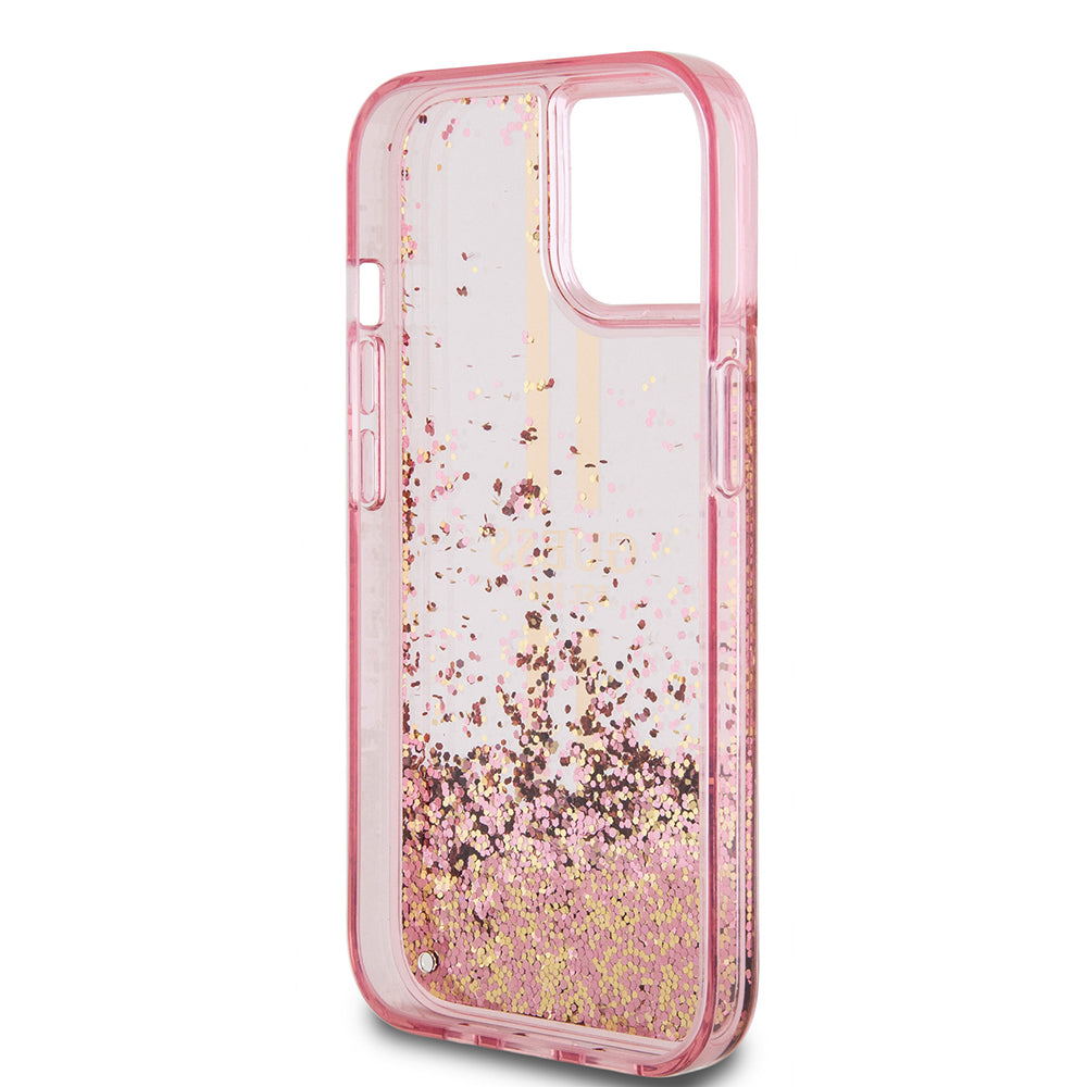 Étui pour Apple iPhone 15 Plus, Guess, Liquid Glitter Gold Stripes, Rose