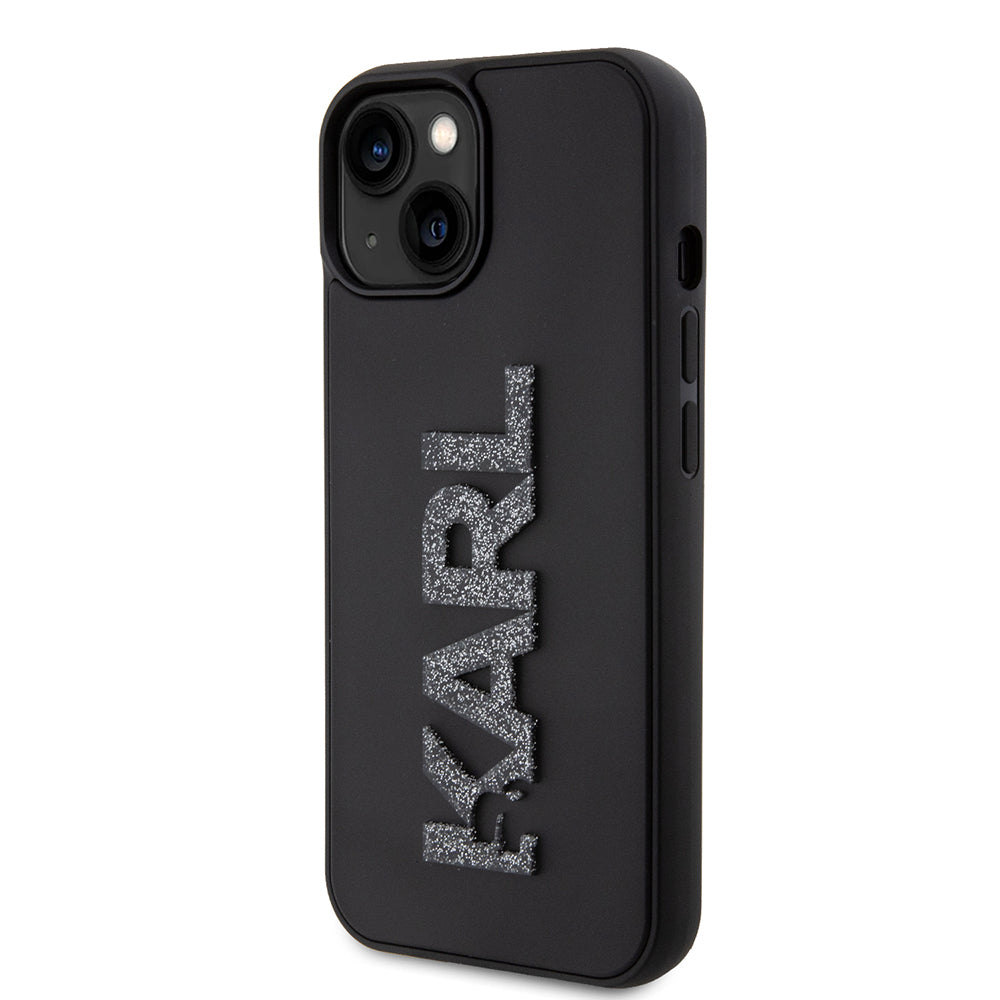 Housse pour Apple iPhone 15 Plus, Karl Lagerfeld, Logo Pailleté en Caoutchouc 3D, Noire