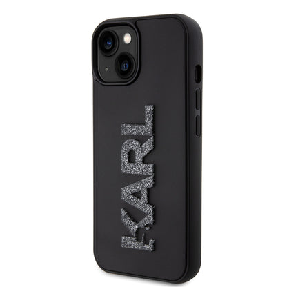 Housse pour Apple iPhone 15 Plus, Karl Lagerfeld, Logo Pailleté en Caoutchouc 3D, Noire