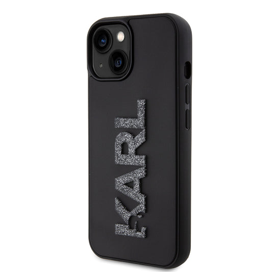 Housse pour Apple iPhone 15 Plus, Karl Lagerfeld, Logo Pailleté en Caoutchouc 3D, Noire