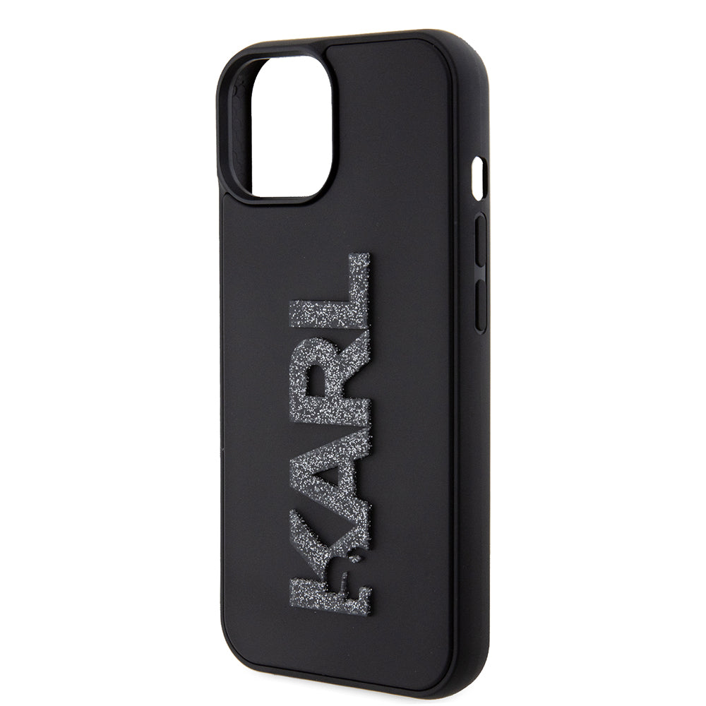 Housse pour Apple iPhone 15 Plus, Karl Lagerfeld, Logo Pailleté en Caoutchouc 3D, Noire