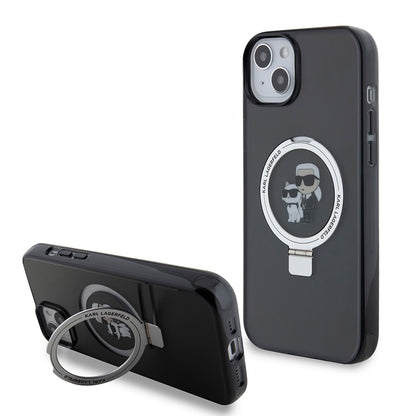 Étui pour Apple iPhone 15 Plus, Karl Lagerfeld, Ringstand Karl & Choupette, Noir