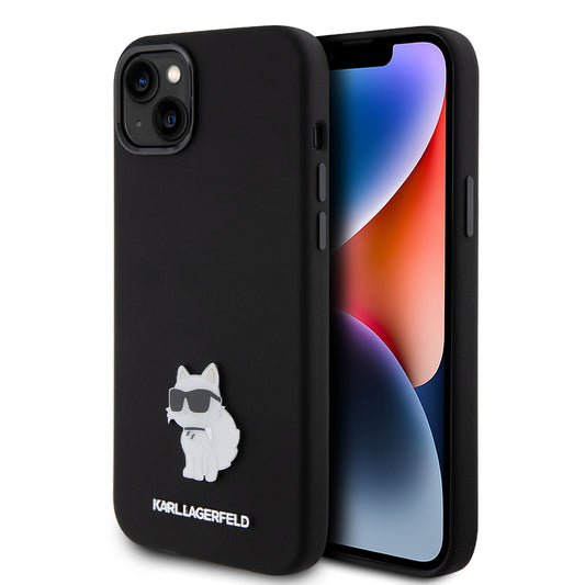 Étui pour Apple iPhone 15 Plus, Karl Lagerfeld, Silicone Choupette Metal, Noir