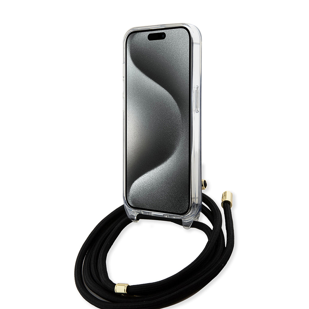Housse pour Apple iPhone 15 Pro, Guess, Crossbody Cord 4G Print, Noire