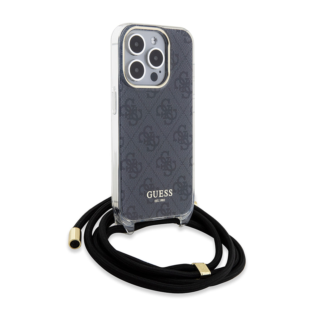 Housse pour Apple iPhone 15 Pro, Guess, Crossbody Cord 4G Print, Noire