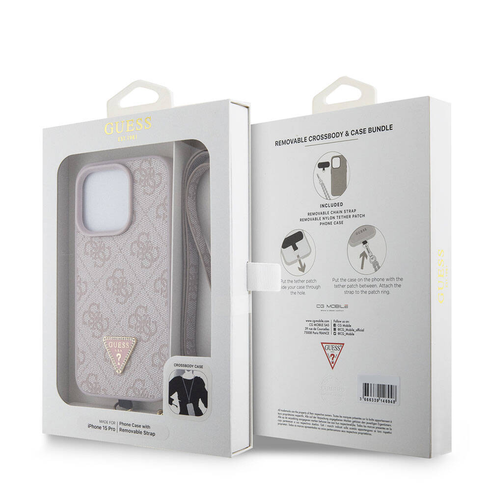 Étui pour Apple iPhone 15 Pro, Guess, Crossbody 4G Metal Logo, Rose.