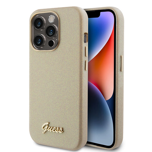 Housse pour Apple iPhone 15 Pro, Guess, Glitter Glossy Script, Beige