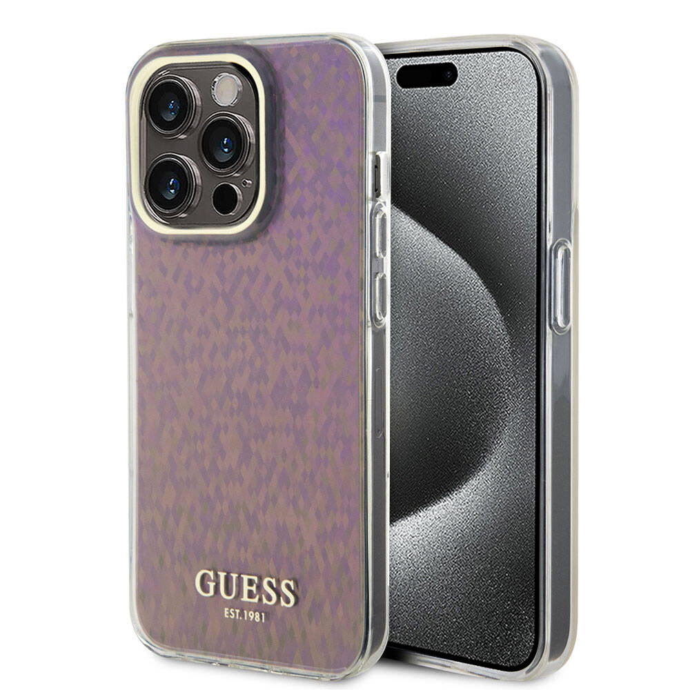Étui pour Apple iPhone 15 Pro, Guess, IML Faceted Mirror Disco Iridescent, Rose
