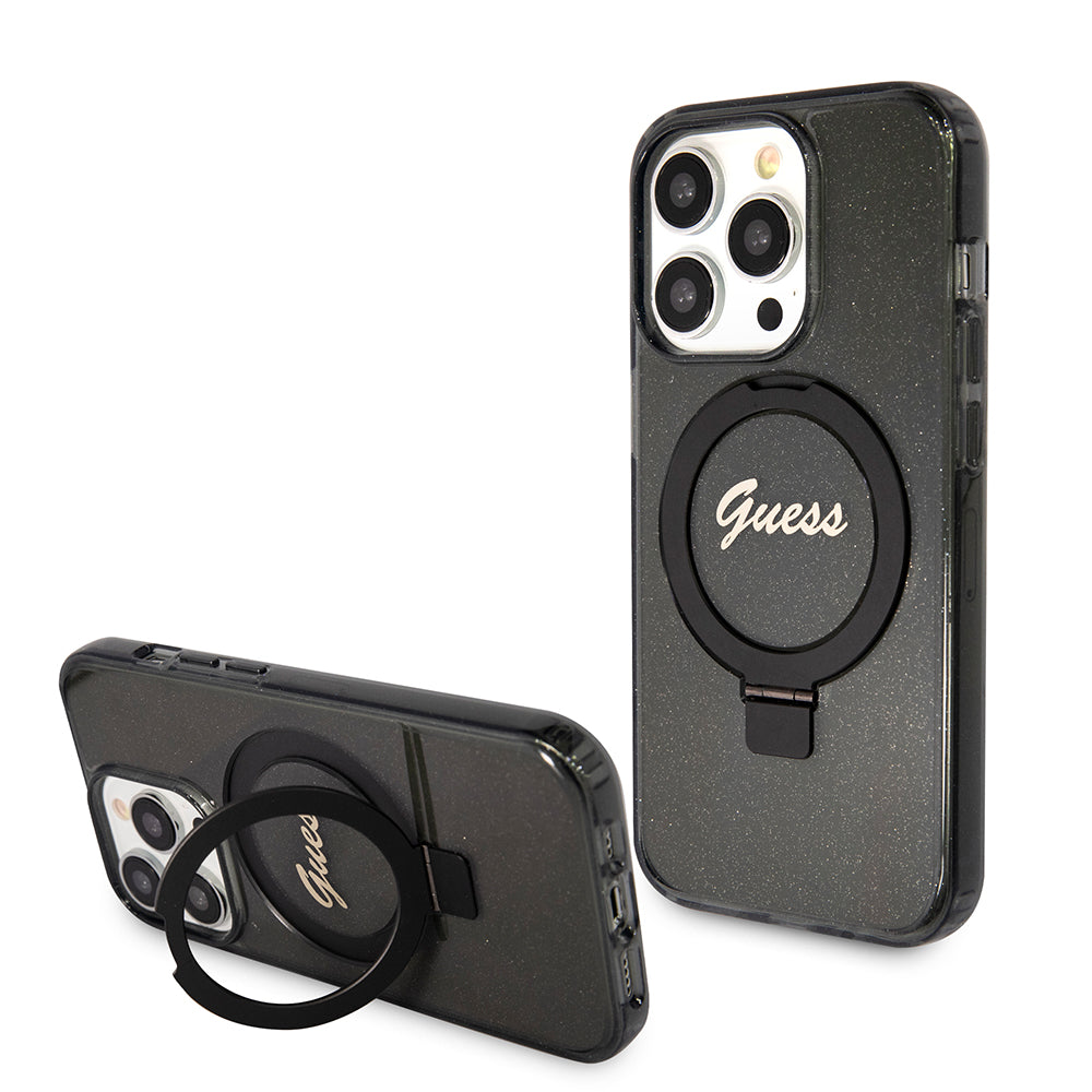 Coque MagSafe pour Apple iPhone 15 Pro, Guess, IML Ring Stand Glitter, Noire