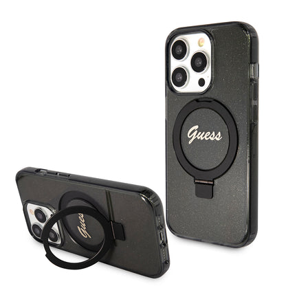 Coque MagSafe pour Apple iPhone 15 Pro, Guess, IML Ring Stand Glitter, Noire