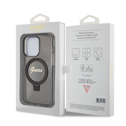Coque MagSafe pour Apple iPhone 15 Pro, Guess, IML Ring Stand Glitter, Noire