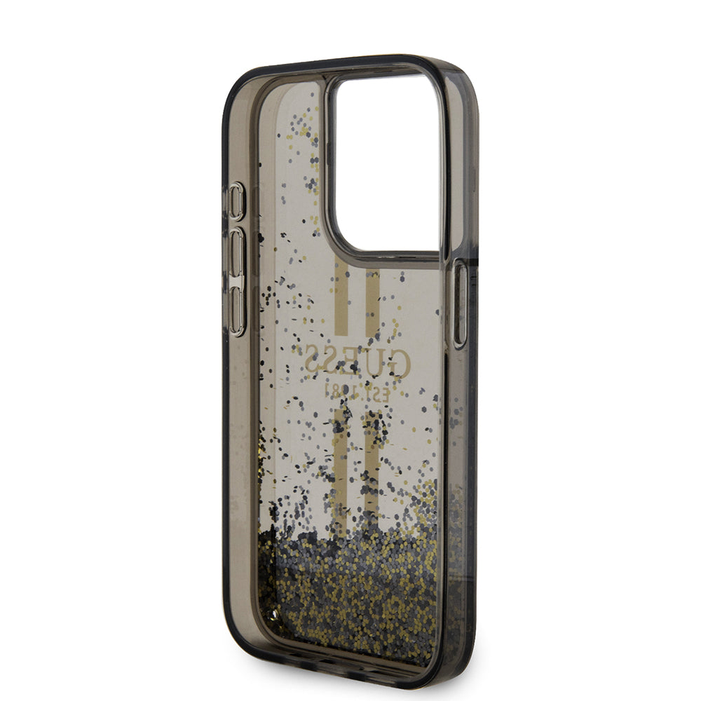 Case for Apple iPhone 15 Pro, Guess, Liquid Glitter Gold Stripe, Black