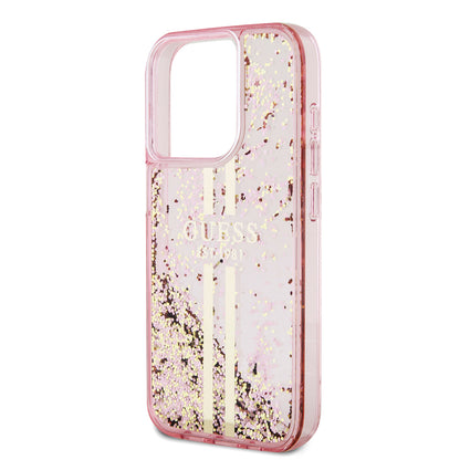 Étui pour Apple iPhone 15 Pro, Guess, Liquid Glitter Gold Stripes, Rose