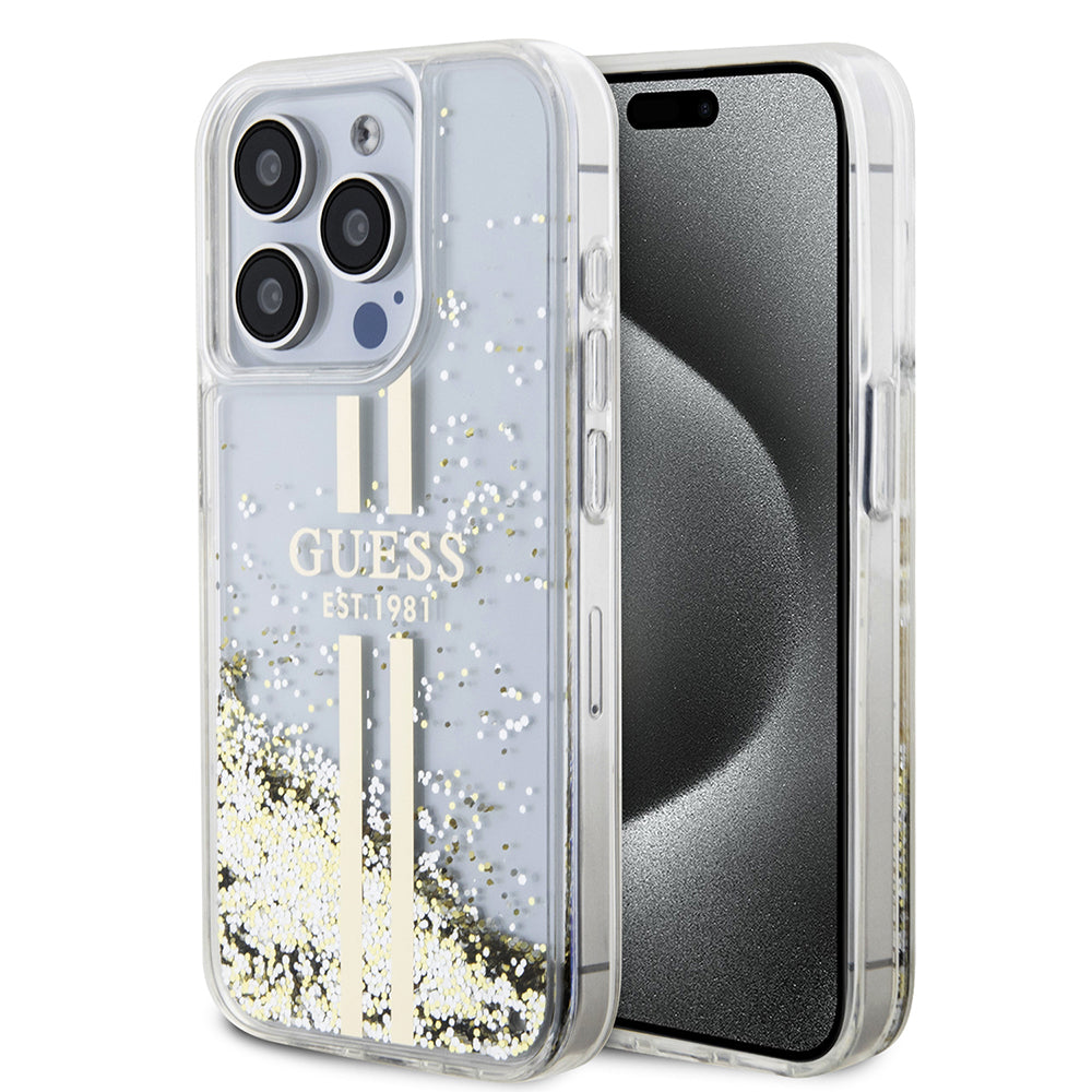 Case for Apple iPhone 15 Pro, Guess, Liquid Glitter Gold Stripes, Transparent