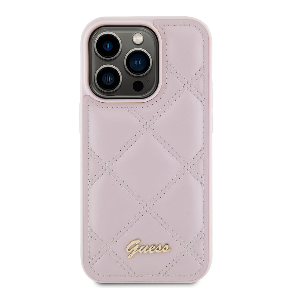 Étui pour Apple iPhone 15 Pro, Guess, Logo Métallique Matelassé, Rose