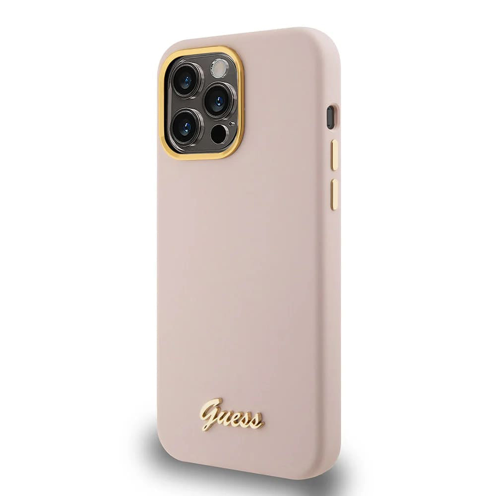 Étui pour Apple iPhone 15 Pro, Guess, Script Metal Logo & Frame, Rose Clair