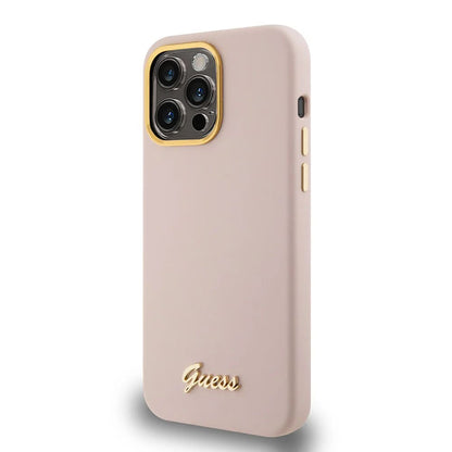 Étui pour Apple iPhone 15 Pro, Guess, Script Metal Logo & Frame, Rose Clair
