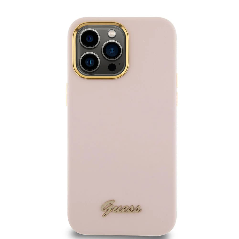 Étui pour Apple iPhone 15 Pro, Guess, Script Metal Logo & Frame, Rose Clair