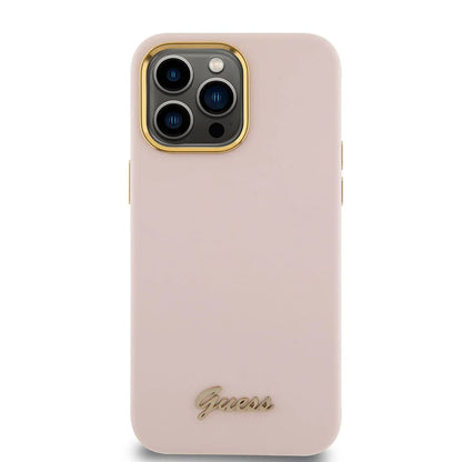 Étui pour Apple iPhone 15 Pro, Guess, Script Metal Logo & Frame, Rose Clair