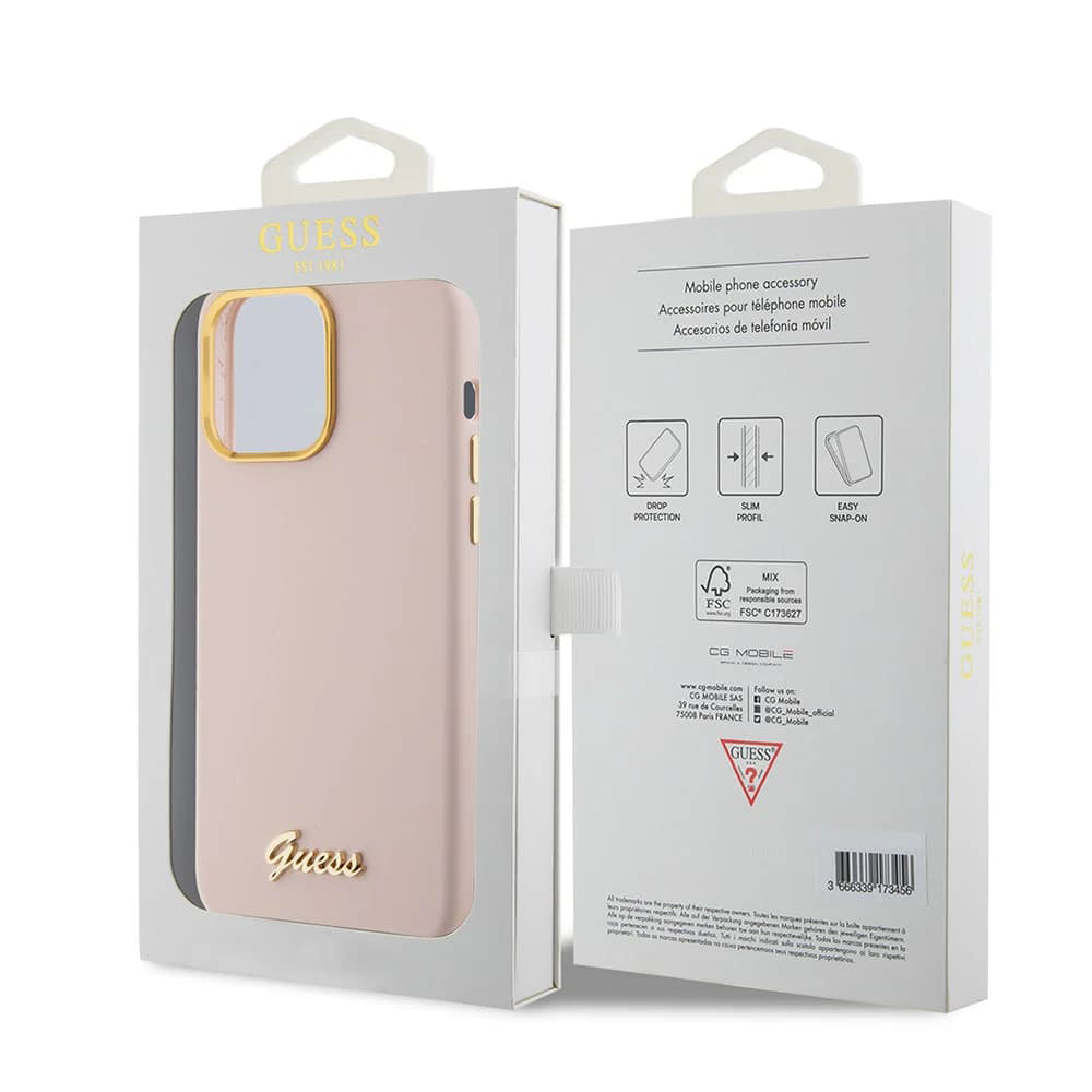 Étui pour Apple iPhone 15 Pro, Guess, Script Metal Logo & Frame, Rose Clair