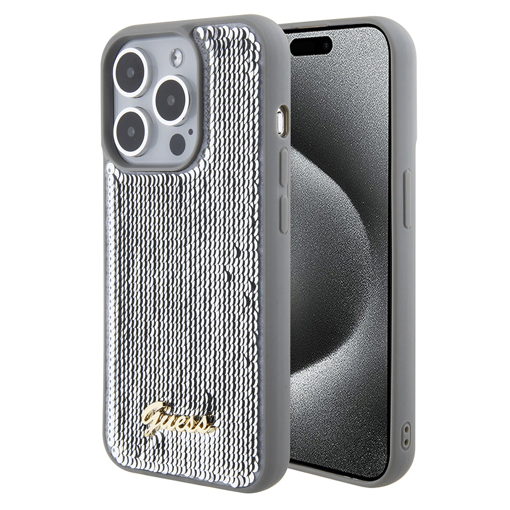 Étui pour Apple iPhone 15 Pro, Guess, Sequin Script Metal, Argenté