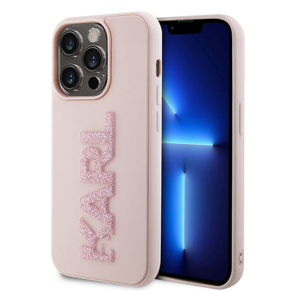 Étui pour Apple iPhone 15 Pro, Karl Lagerfeld, Logo Karl en caoutchouc pailleté 3D, Rose