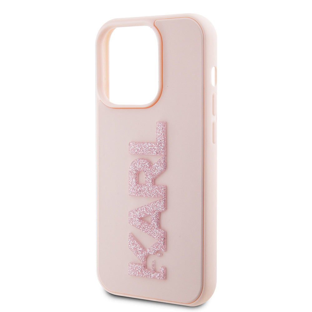 Étui pour Apple iPhone 15 Pro, Karl Lagerfeld, Logo Karl en caoutchouc pailleté 3D, Rose